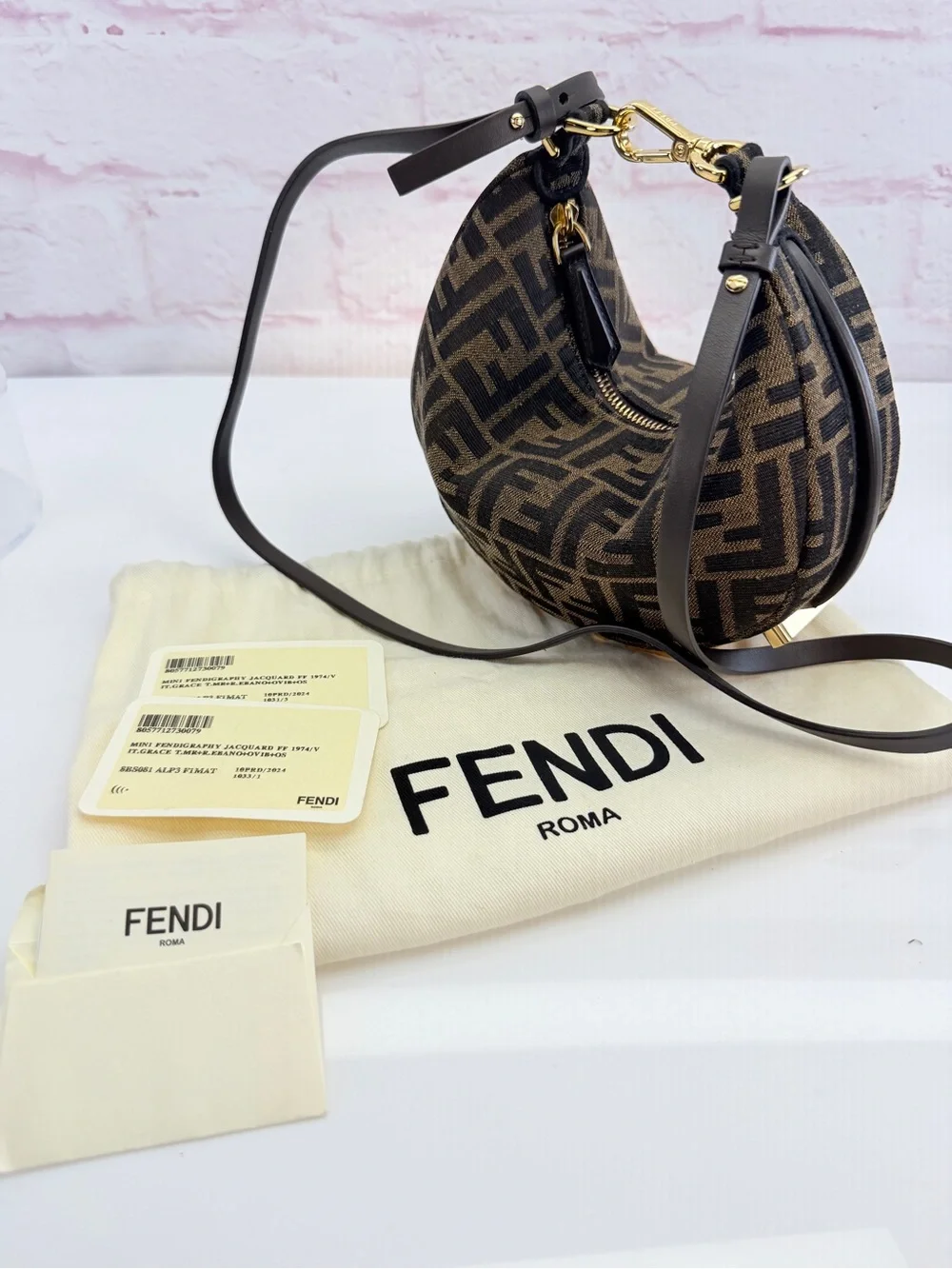 Fendi Denim Jacquard FF Effect Vitello Grace Mini Fendigraphy Hobo Bag Tobacco